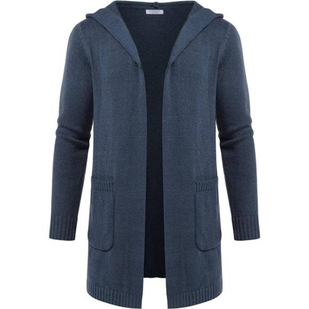 Men's Long Open Front Cardigan Sweater Hooded Knitted Cardigan with Pockets